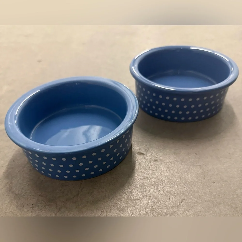 Set Of 2 Whisker City Blue & White Polka Dot Cat / Dog Water / Food Bowls